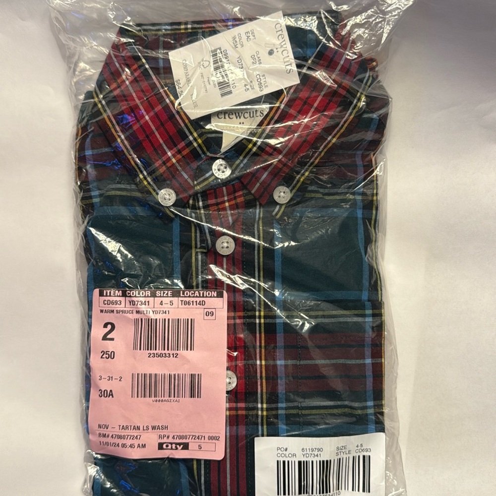 J. Crew Cuts Holiday Plaid Shirt 4-5 NWT